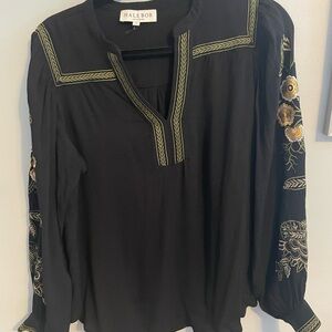 Hale Bob Black Embroidered Long Sleeve Blouse